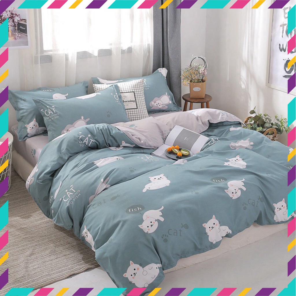 Bộ Chăn Ga Cotton Poly Đáng Yêu 💖Freeship💖 Chăn Ga Hàn Quốc Hoạ Tiết Mèo Lười Đủ Size Miễn Phí Bo Chun