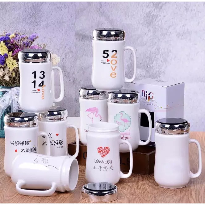 COMBO 10 LY CỐC SỨ GIỮ NHIỆT NẮP TRÁNG GƯƠNG 400ML