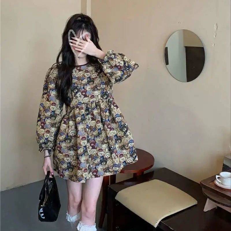 Đầm Dáng Rộng Tay Phồng Họa Tiết Gấu Dễ Thương Thời Trang Mùa Thu Phong Cách Retro Mùa Thu 2020 Cho Nữ 2021