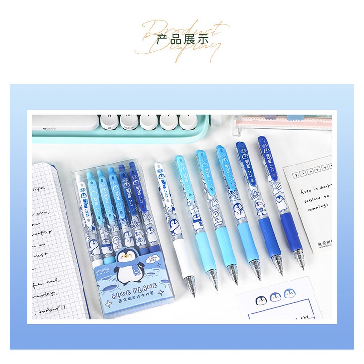 Bút mực Gel 6 màu đen hình chim cánh cụt dễ thương