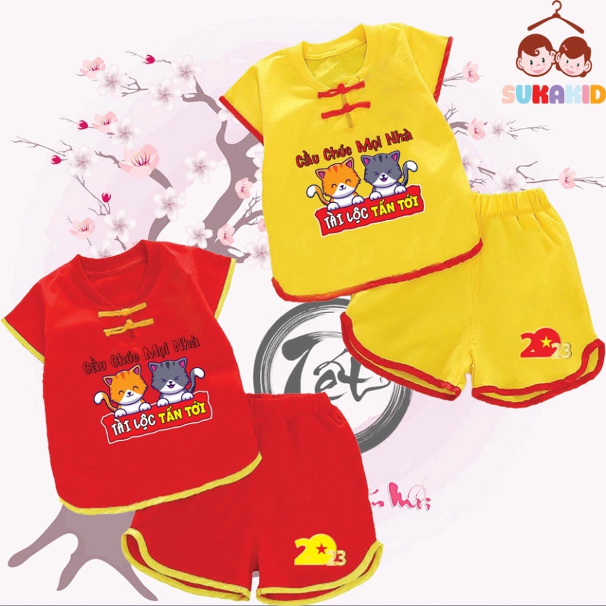 Gía sỉ Combo 2 Bộ quần áo tết hinh 2 con mèo cầu chuc mọi nhà tấn tài tấn lộc cho bé nút tàu tết bé từ 6kg-29kg.NT06.