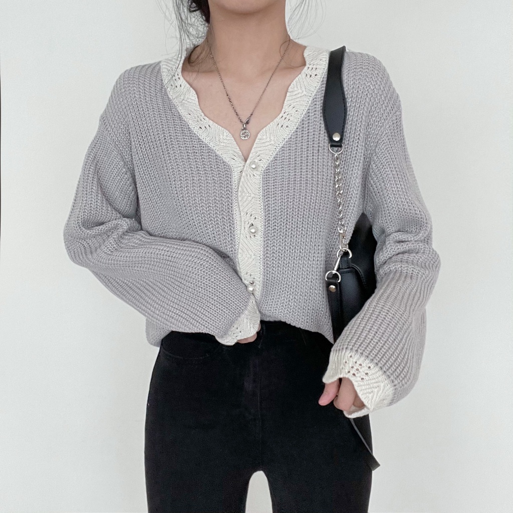 Áo khoác cardigan dệt kim tay dài cổ chữ V phối hàng nút thời trang cá tính 45439