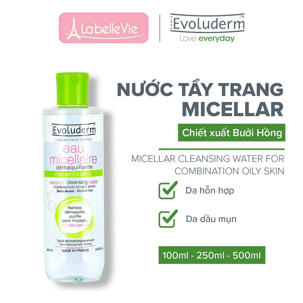 Nước tẩy trang Evoluderm Micellaire chiết xuất bưởi hồng dành cho da hỗn hợp và dầu mụn 250ml-30ml