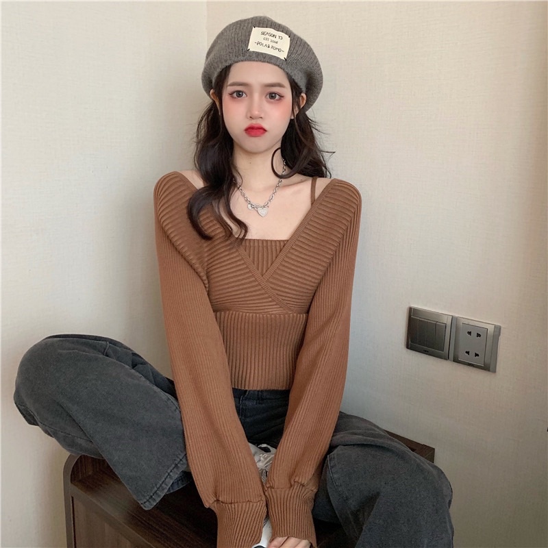 Áo Len Nữ 🖤TVX Clothes🤍 Áo Len Trễ Vai Dáng Croptop Dài Tay Kèm Hai Dây