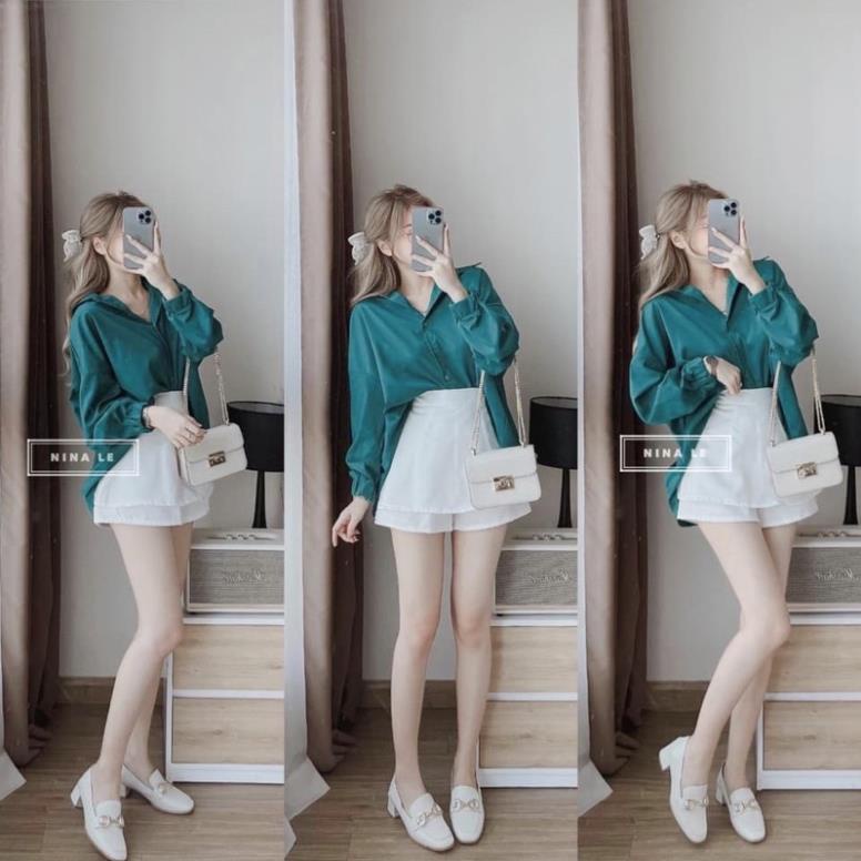 [ 𝐅𝐑𝐄𝐄 𝐒𝐇𝐈𝐏 ] SET SƠ MI XANH LAM MIX QUẦN GIẢ VÁY TRẮNG
