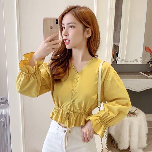 Áo voan kiểu nút gài nơ eo HÀNG Y HÌNH
