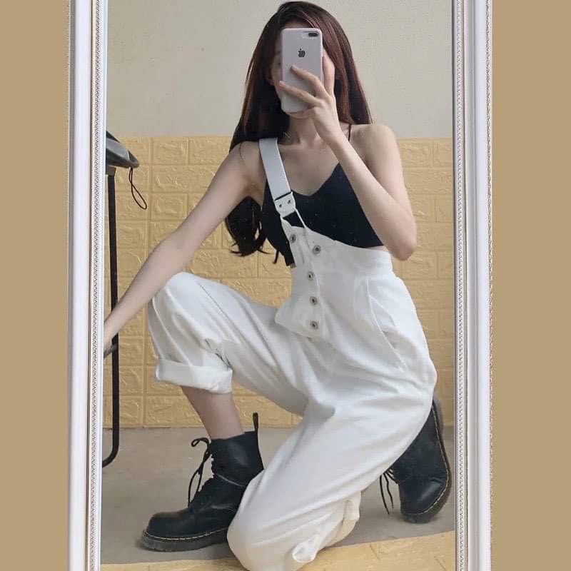 Quần Jeans Yếm Nữ Hai Màu Đen Trắng Có Dây Điều Chỉnh Ống Suông Cá Tính Năng Động Hot Trend Phong Cách Ulzzang