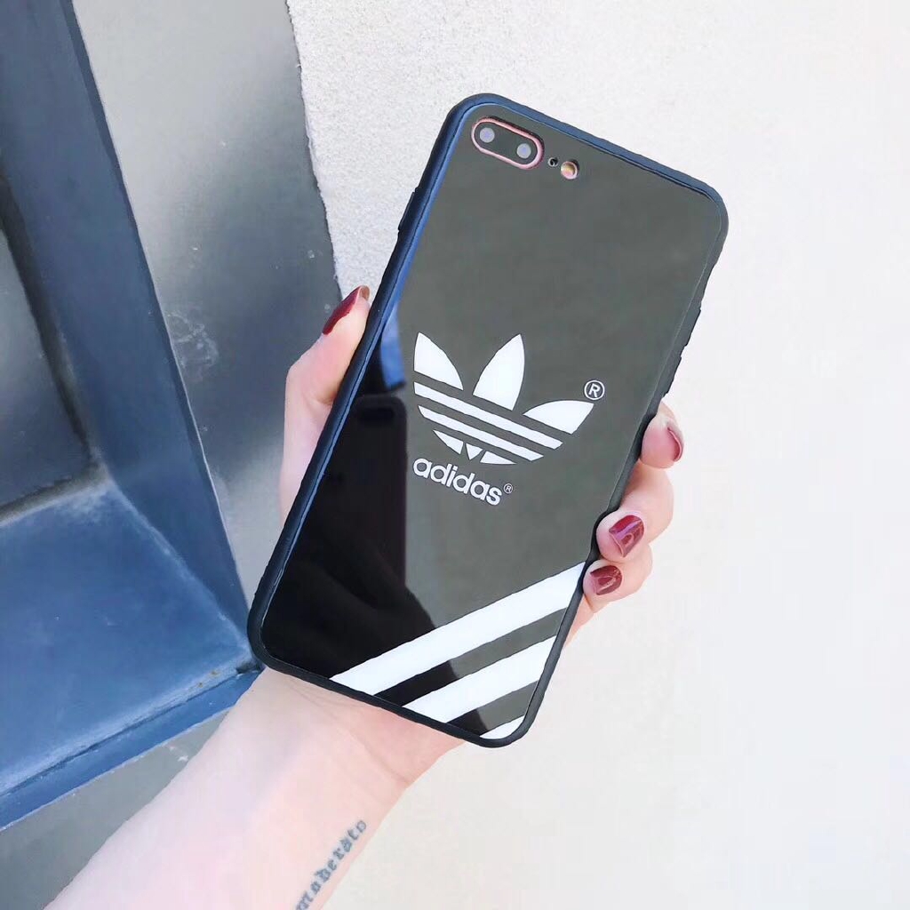 Ốp điện thoại mặt kính cường lực hình logo Adidas cho iPhone 6 6S 7 8 Plus X