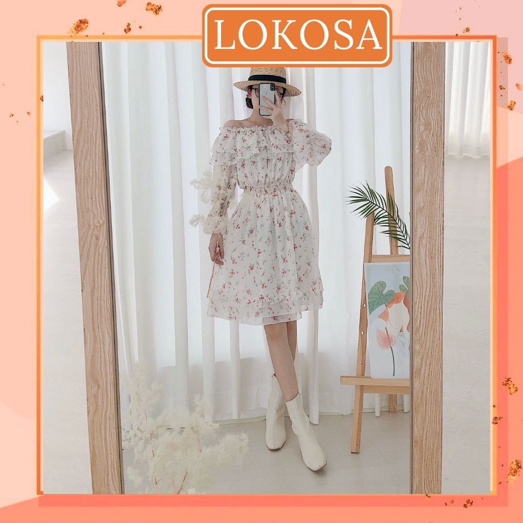 Váy Hoa Nhí LOKOSA Đầm vintage trễ vai dáng dài tay phồng đi dự tiệc đi biển đi chơi sang chảnh cao cấp VDE08