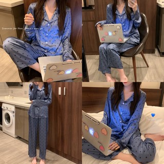Bộ ngủ pajamas lụa bi tim nhí xanh