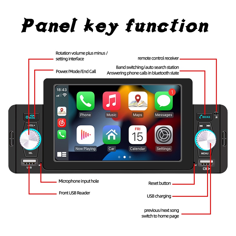 Máy Phát MP5 5 Inch CarPlay 1 Din Bluetooth 5.1 Cho Điện Thoại Di Động