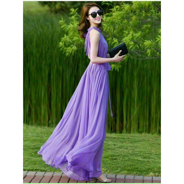 Đầm maxi dáng dài xếp ly cổ yếm sang trọng 2 màu tím, trắng đi dự tiệc du lịch thiết kế cột eo