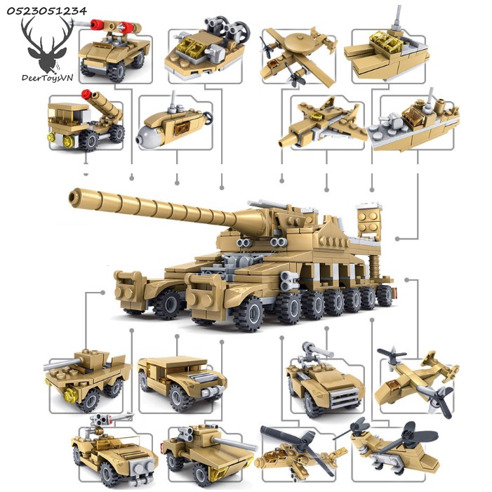 BỘ ĐỒ CHƠI LẮP GHÉP XẾP HÌNH XE TĂNG, OTO, ROBOT, TRỰC THĂNG,XE SWAT, Xe Pháo