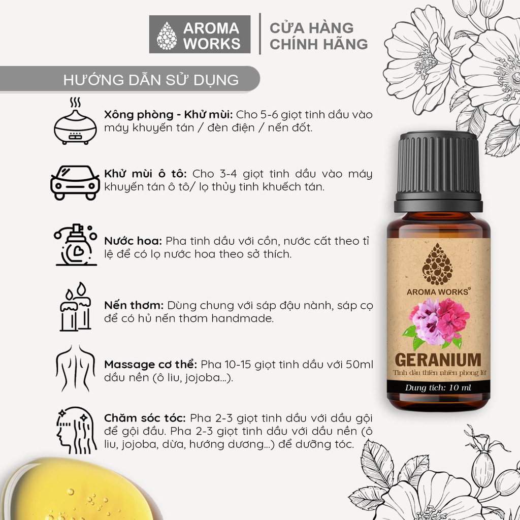 Tinh dầu Phong Lữ Aroma Works thơm phòng, khử mùi, thanh lọc không khí - Geranium