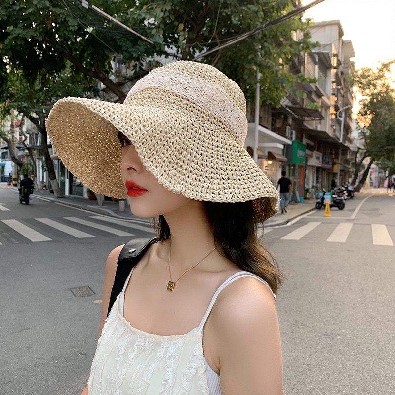 [293] Mũ cói đi biển dây quai ren đan thưa thoáng khí