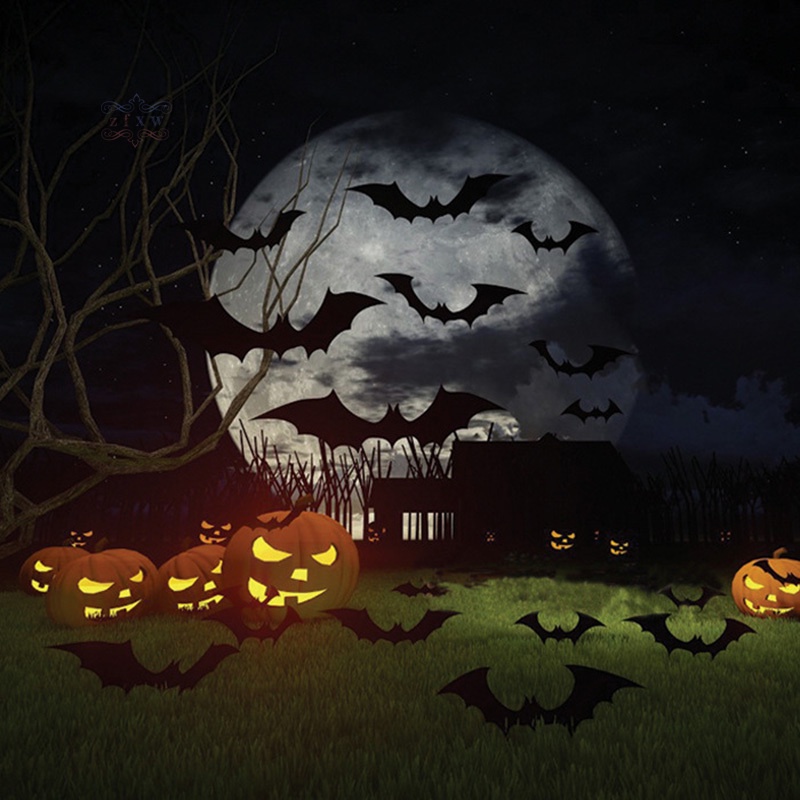 Set 12 / 60 Sticker Dán Tường Hình Dơi 3D Đáng Sợ Trang Trí Halloween