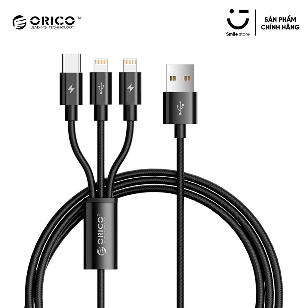 Dây Cáp Sạc Nhanh 3 Đầu Siêu Bền ORICO 2xLightning / 1xType C UTS-12-BK (Đen) - Hàng Chính Hãng
