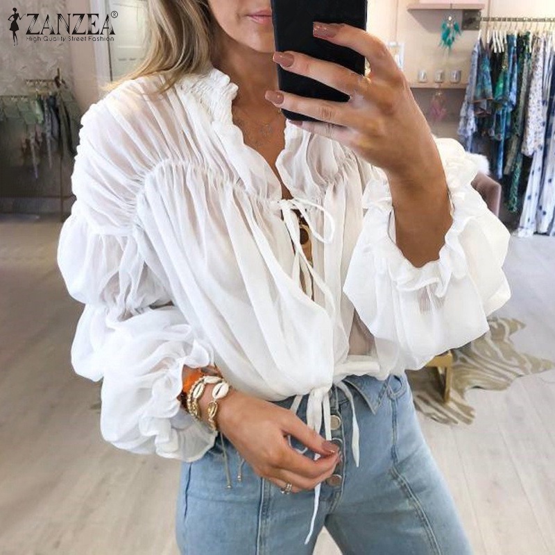 Áo kiểu ZANZEA tay phồng dài xếp ly cổ đứng phối dây rút thời trang cho nữ
