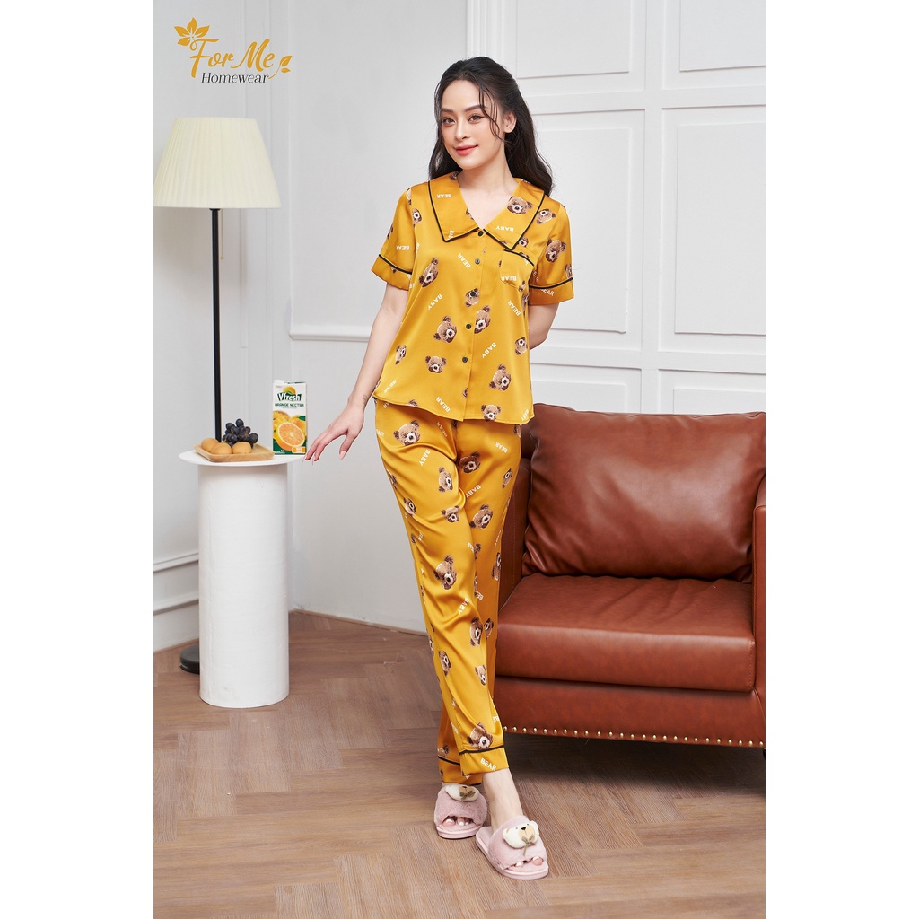 Bộ mặc nhà Lụa Giấy Luxury dáng ngắn tay quần dài Họa Tiết Gấu Bear 10, forme pijamas