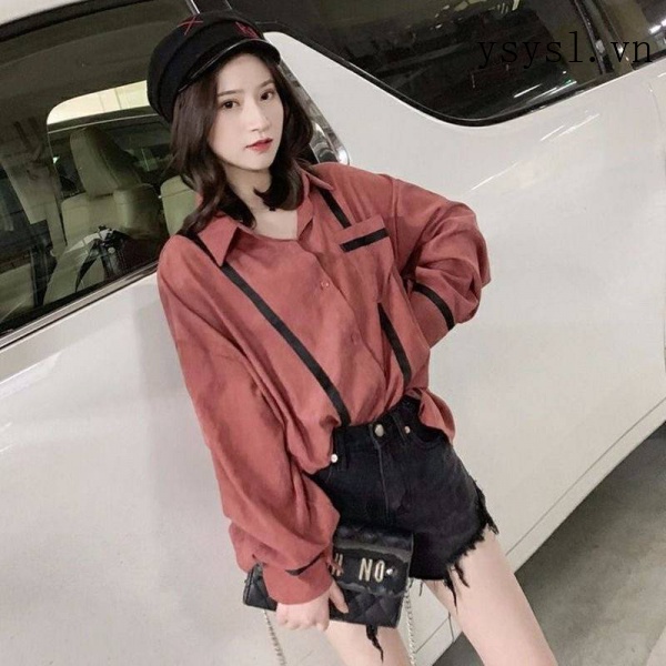Áo Sơ Mi Cổ Polo Tay Dài Dáng Rộng Màu Sắc Tương Phản Thời Trang Mùa Thu Dành Cho Nữ 2021