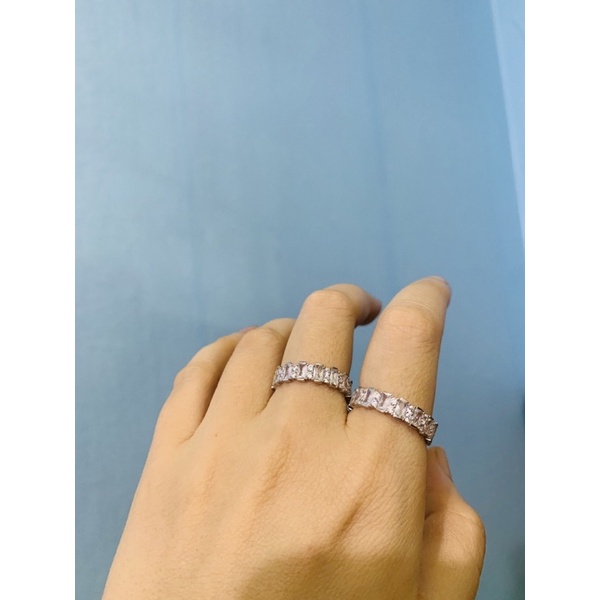 Nhẫn full đá xung quanh chữ nhật bạc thật phủ vàng trắng