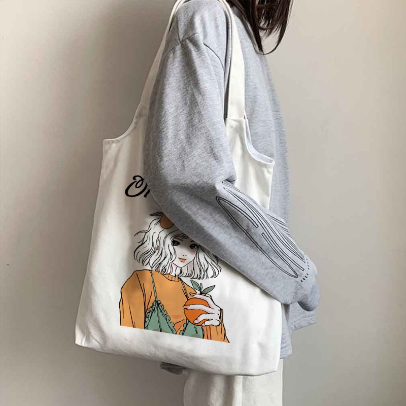 Túi tote vải canvas quai tròn nữ unisex đeo vai xách tay Hàn Quốc có khóa miệng cô gái Orange Girl dễ thương đủ màu sắc