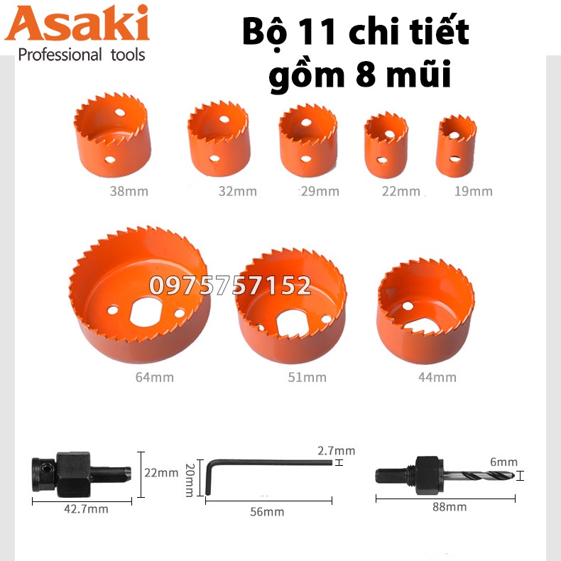 Bộ mũi khoan khoét lỗ tròn thạch cao gỗ Ø19-127 hãng Asaki, bộ khoét lỗ trần thạch cao, tạo lỗ loa, khoét nhựa hợp kim