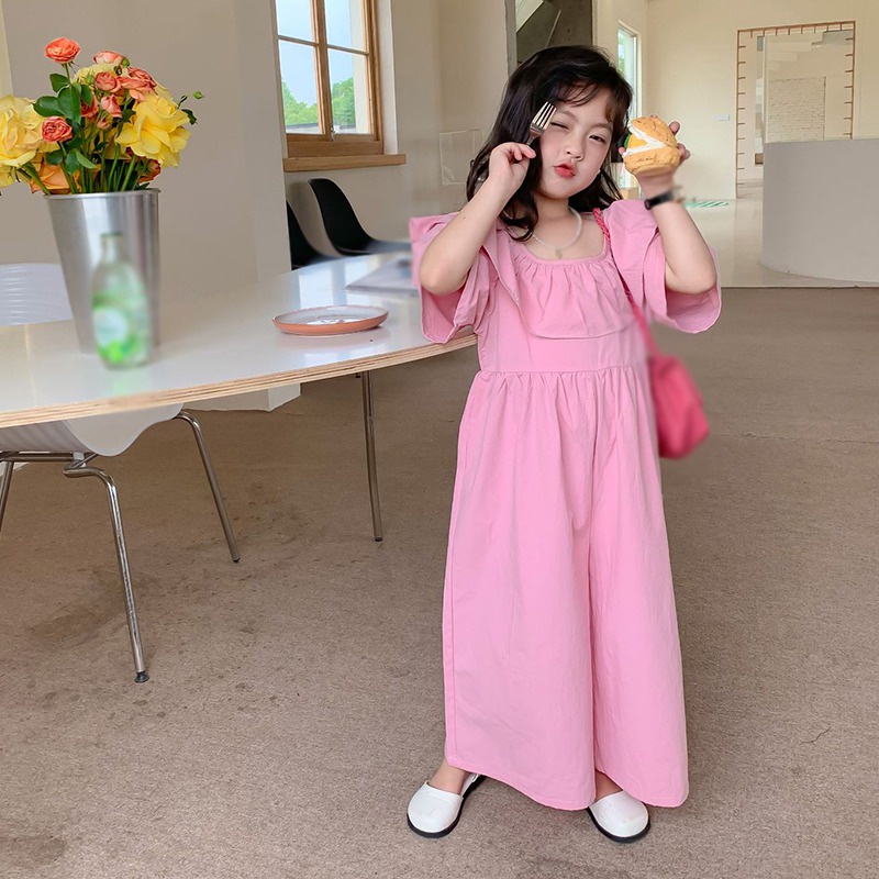 Áo Liền Quần Cổ Cánh Hoa Tay Ngắn Màu Trơn Thời Trang Mùa Hè Cho Bé Gái Se7en