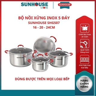 Bộ nồi xửng inox 5 đáy SHG507 SUNHOUSE Vung kính cường lực quai núm inox bọc silicon êm ái cách nhiệt hiệu quả
