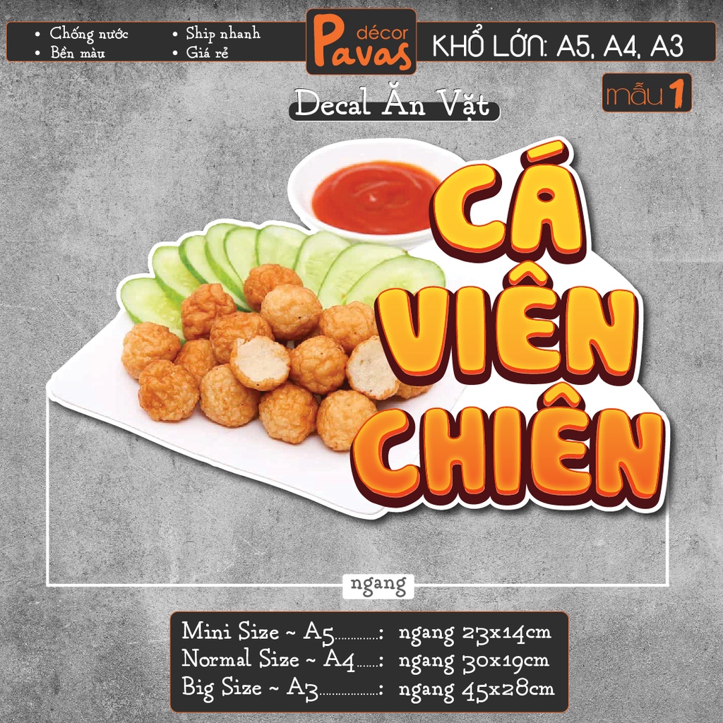 Decal Cá Viên Chiên, Xiên Que chống nước trang trí dán quán trà sữa, cà phê, quán ăn, dán tường, tủ. TTQ06