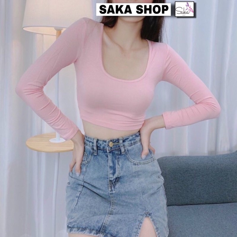 Áo croptop nữ tay dài croptop cổ chữ u tôn dáng trơn màu