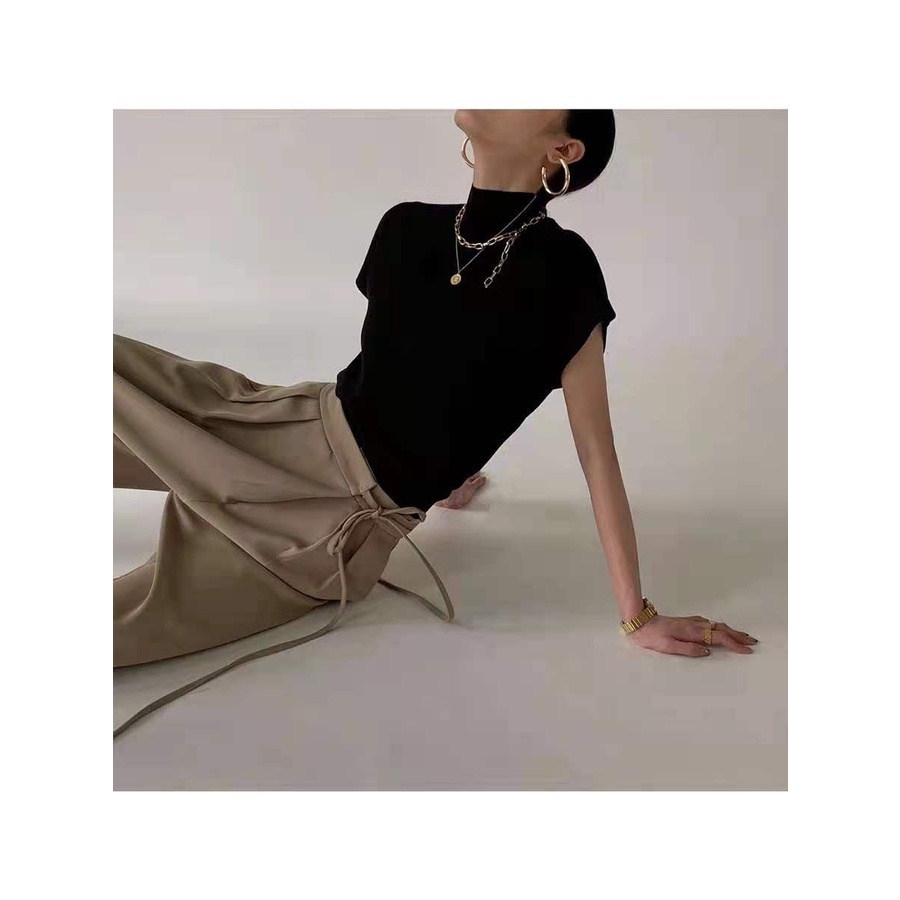 Áo thun SUXI dệt kim tay ngắn cổ lọ dáng rộng thời trang trẻ trung cho nữ