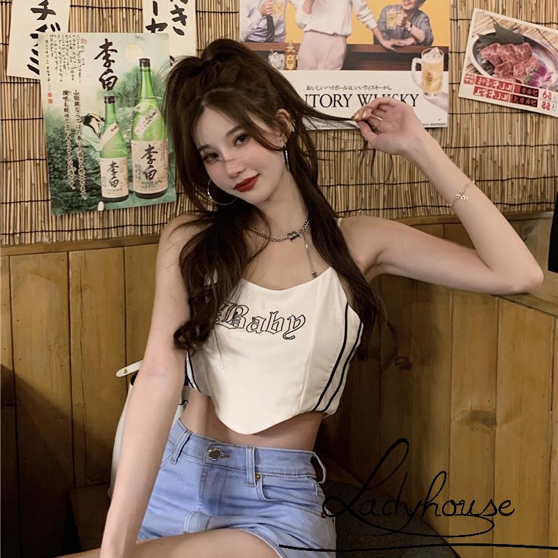 Áo Croptop Hai Dây Thêu Chữ Thời Trang Cho Nữ