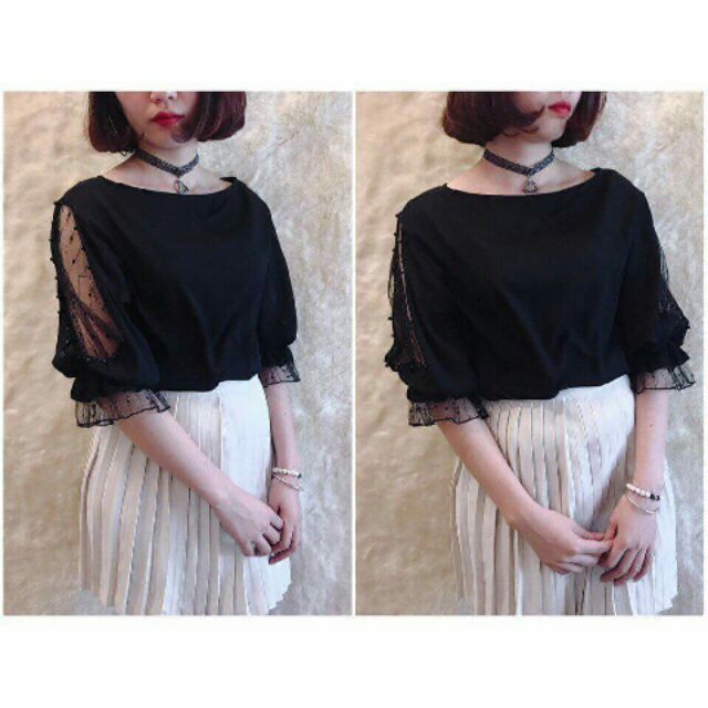 Áo tay đính ngọc pha ren QC