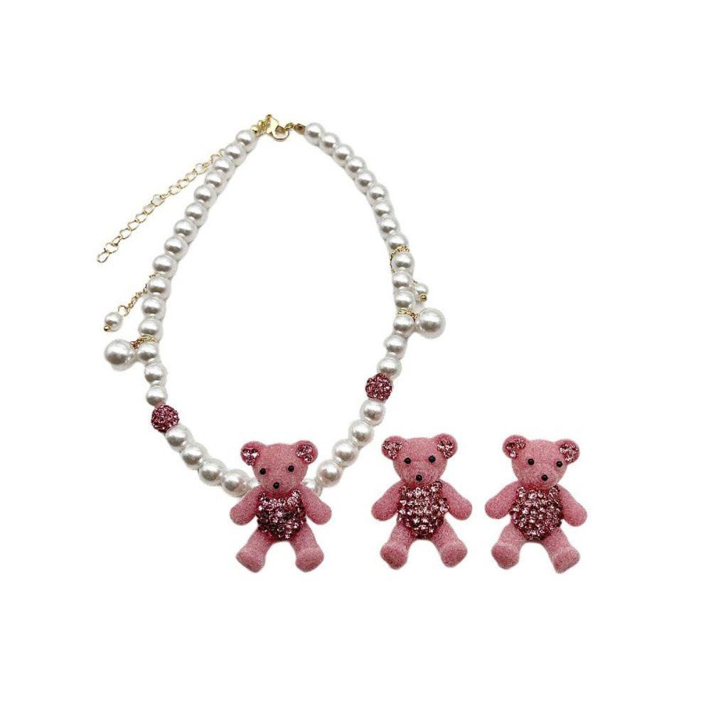 MOCHO Bộ Vòng cổ + Bông Tai Đính Đá Hình Gấu Hoạt Hình Màu Hồng