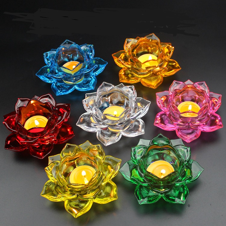 Cốc đựng nến tealight, đế nến hoa sen lưu ly phật giáo 7 cánh chất liệu thủy tinh nhiều màu sắc