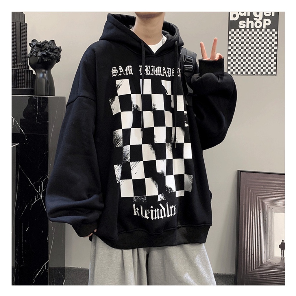 Áo Hoodie ,Áo Nỉ Bông In Họa Tiết Ô Vuông Caro Trước Ngực From Rộng Phong Cách Hàn quốc 2021