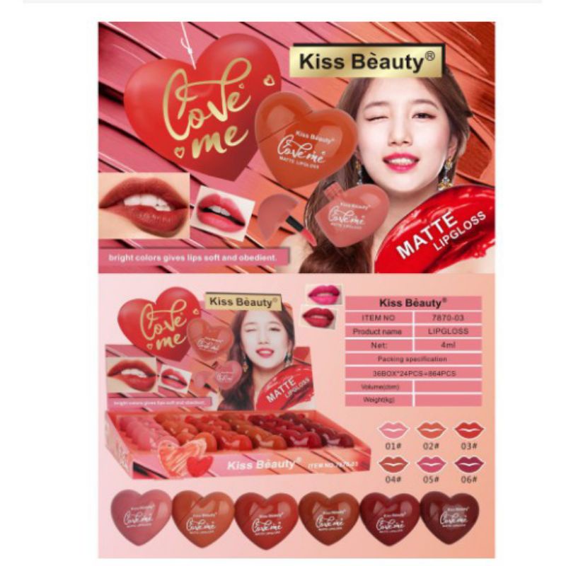 COMBO 6 Son Kem Tint Kiss Beauty trái tim For valentine đủ 6 màu