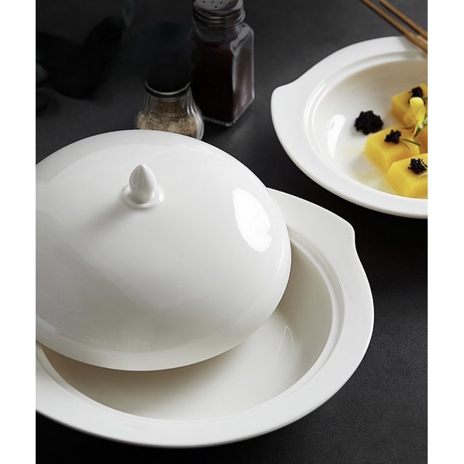 Set tô hầm kèm nắp đậy trắng sứ cao cấp cho nhà hàng, khách sạn kiểu Phương Tây