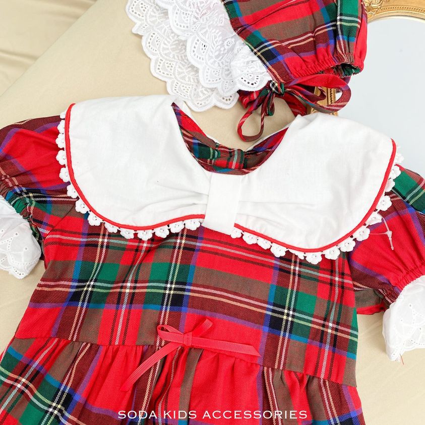 Bộ liền kẻ đỏ cổ trắng kèm mũ (Ảnh thật)