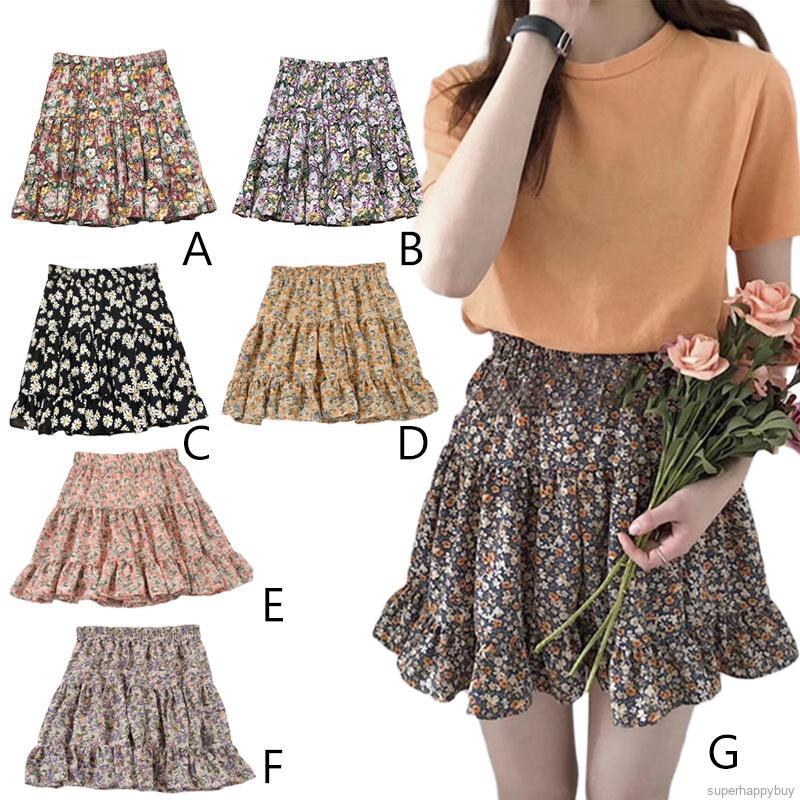 Women Sweet Ruffled High Waist Pleated Chiffon Floral Short Skirts