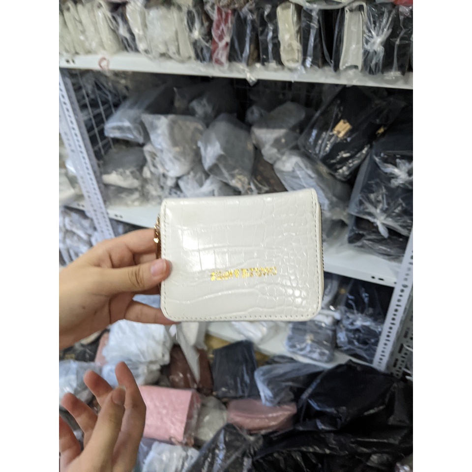 Ví mini nữ cầm tay bỏ túi CNK dập vân nhiều ngăn khóa kéo cực xinh màu trắng