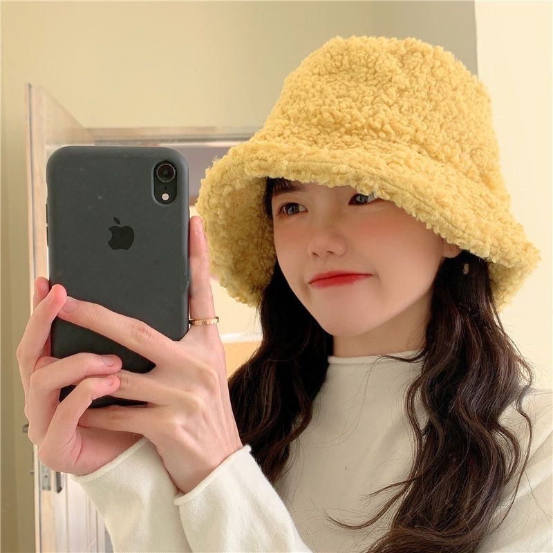 Mũ lông cừu, mũ bucket lông cừu màu trắng be đen nâu phong cách Hàn Quốc