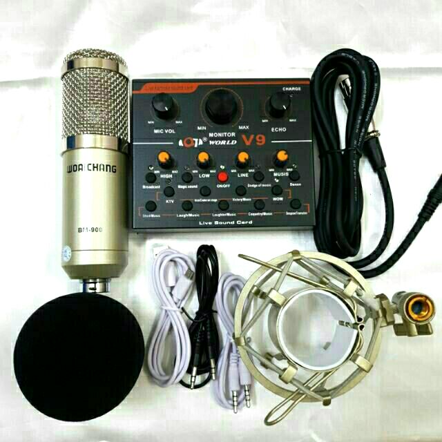 Combo bộ livestream hát karaoke mic BM900 và sound card V9 Bản tiếng Anh