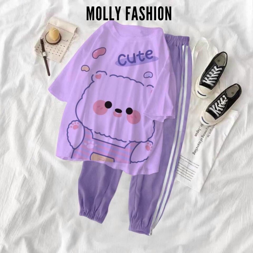 Set đồ bộ quần dài Jogger 2 Sọc GẤU BÔNG CUTE ❤️ Bộ hoạt hình form rộng Freesize Molly Fashion