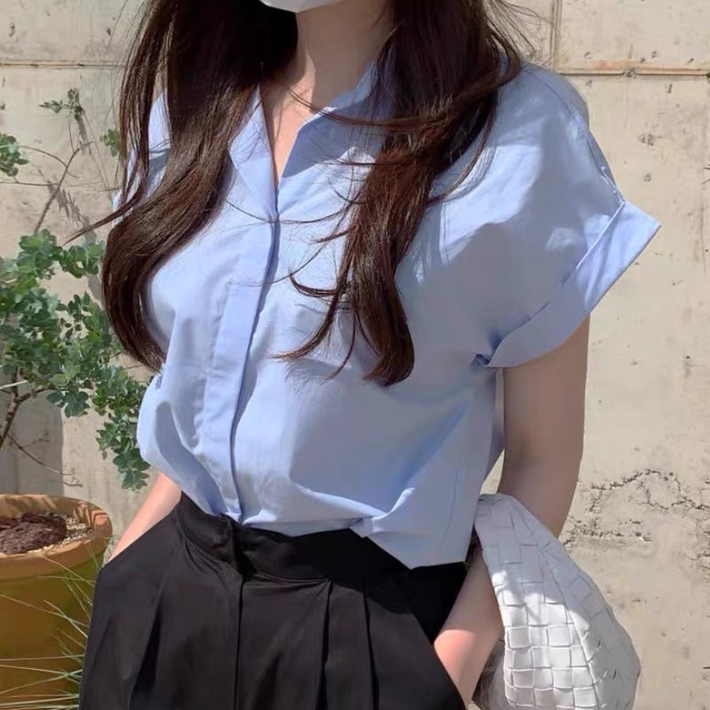 Áo sơ mi cộc tay màu xanh trắng basic phong cách korea hàng ORDER cao cấp