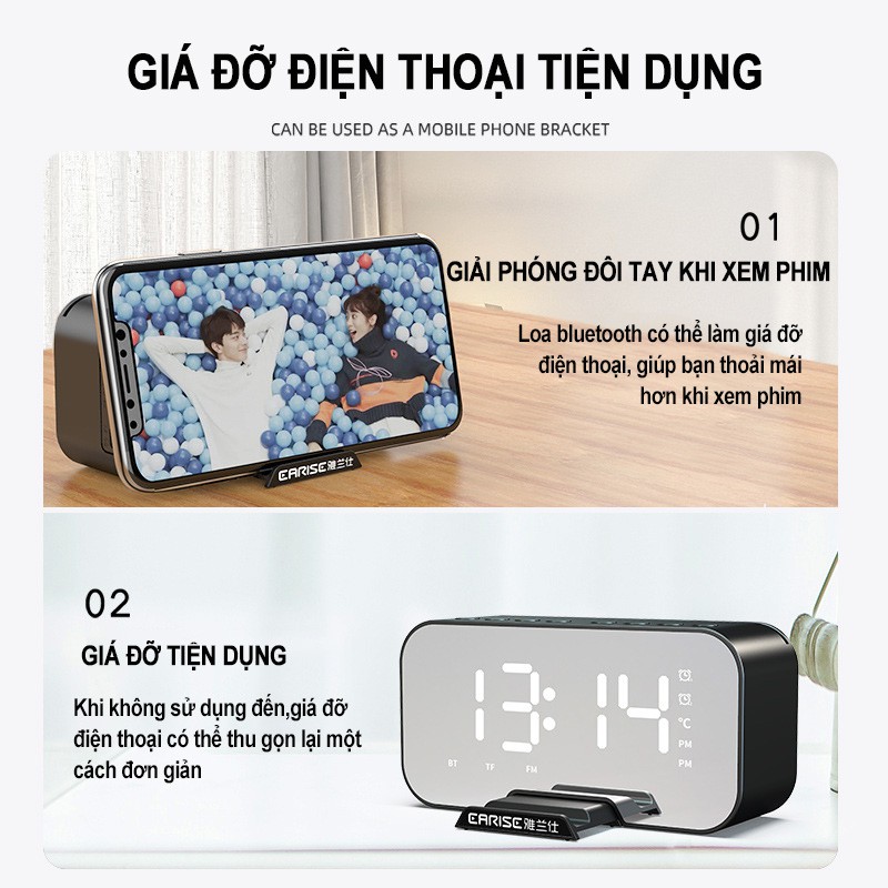 Loa bluetooth kiêm đồng hồ,mặt gương, tiện lợi mini, 2 đồng hồ báo thức, hiển thị nhiệt độ, dung lượng pin lớn, chất lượ