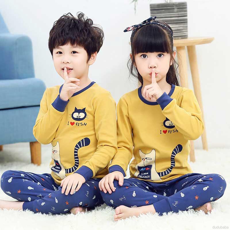 Bộ đồ ngủ pajamas tay dài in hình hoạt hình dễ thương dành cho bé trai bé gái từ 2 đến 10 tuổi