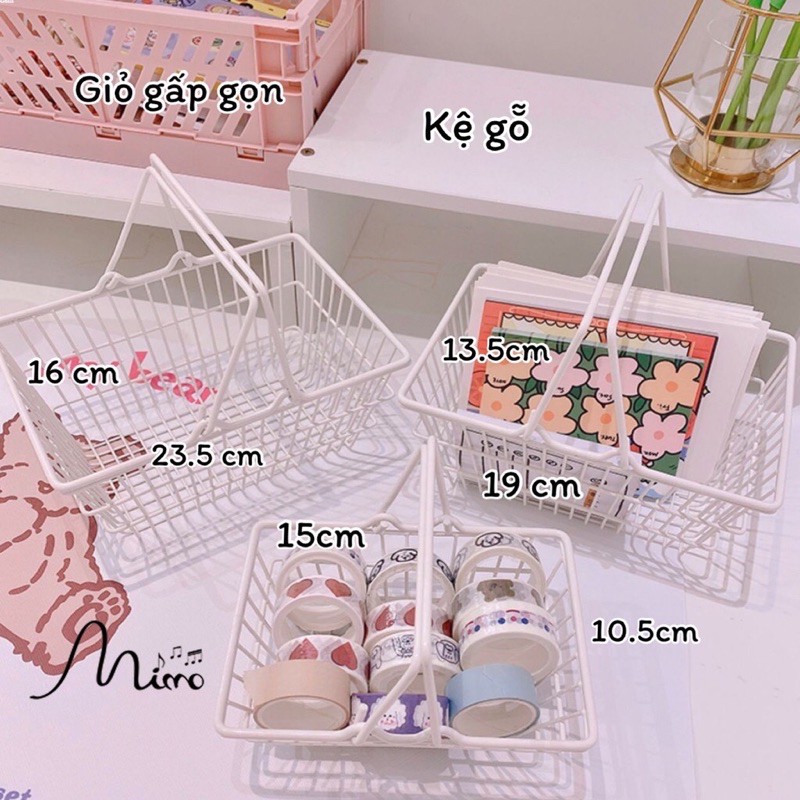 Giỏ đựng đồ trang trí sắt sơn tĩnh điện hồng pastel kèm dây nơ hồng phụ kiện chụp ảnh decor bàn học cửa hàng 2 size