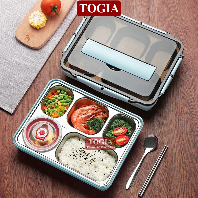 Hộp Cơm Giữ Nhiệt - Khay Đựng Cơm Văn Phòng Chia Ngăn Kèm Bát Ăn Inox Và Thìa Đũa Cao Cấp TOGIA